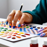 A person's hands in a natural pose, gently applying a colorful cartoon nail sticker to a fingernail. The person is wearing a modest, long-sleeved casual top, fully clothed, appropriate attire. The setting is a brightly lit, clean, and modern vanity table or desk, with a few neatly arranged nail art tools like a small nail file and a clear top coat bottle. Professional close-up photography, perfect anatomy, correct proportions, natural pose, well-formed hands, proper finger count, natural body proportions, high detail, vibrant colors. safe for work, appropriate content, fully clothed, modest clothing, family-friendly.