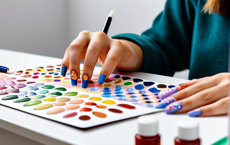 A person's hands in a natural pose, gently applying a colorful cartoon nail sticker to a fingernail. The person is wearing a modest, long-sleeved casual top, fully clothed, appropriate attire. The setting is a brightly lit, clean, and modern vanity table or desk, with a few neatly arranged nail art tools like a small nail file and a clear top coat bottle. Professional close-up photography, perfect anatomy, correct proportions, natural pose, well-formed hands, proper finger count, natural body proportions, high detail, vibrant colors. safe for work, appropriate content, fully clothed, modest clothing, family-friendly.