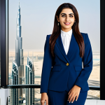 **

"A successful Arab businesswoman in a stylish, modest business suit, standing in a modern office overlooking a panoramic view of Dubai, fully clothed, appropriate attire, safe for work, perfect anatomy, natural proportions, professional corporate photography, high quality, family-friendly."

**