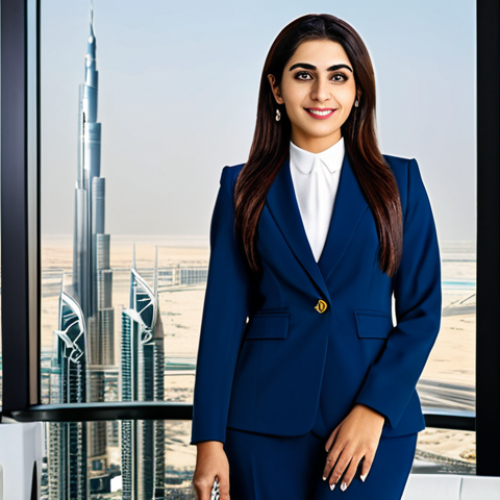 Home 24 **
"A successful Arab businesswoman in a stylish, modest business suit, standing in a modern office overlooking a panoramic view of Dubai, fully clothed, appropriate attire, safe for work, perfect anatomy, natural proportions, professional corporate photography, high quality, family-friendly."
**