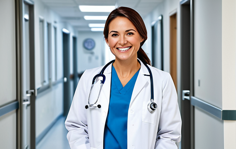**
A professional female doctor, fully clothed in a modest white coat and scrubs, smiling warmly in a clean and modern hospital setting, appropriate attire, safe for work, perfect anatomy, natural proportions, professional medical photography, high quality, family-friendly.
**