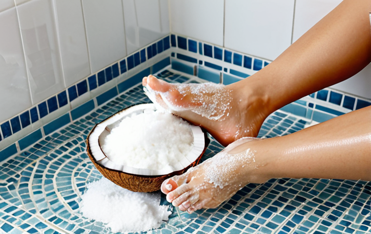 Sugar & Coconut Oil Foot Scrub**
"A woman applying a sugar and coconut oil scrub to her feet in a bright, clean bathroom. Focus on the texture of the scrub and the healthy appearance of her feet. She is fully clothed in comfortable, modest attire. Safe for work, appropriate content, perfect anatomy, natural proportions, professional photography, high quality."
**