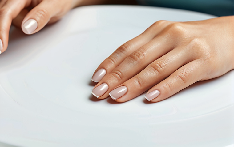 손톱 큐티클 리무버 사용법 - **Prompt:** A close-up shot of an elegant woman's hands, specifically focusing on her fingernails an...