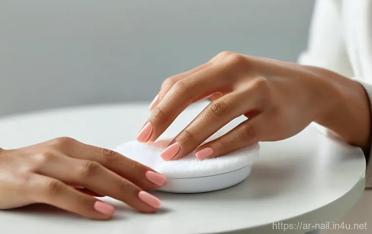 홈 네일 케어 루틴 추천 - **"Elegant hands meticulously shaping nails with a soft file in a serene, well-lit environment. A wo...