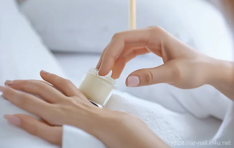 홈 네일 케어 루틴 추천 - **"A close-up of a woman's graceful hands, depicting the tender act of cuticle care and deep moistur... 홈 네일 케어 루틴 추천 - **"A close-up of a woman's graceful hands, depicting the tender act of cuticle care and deep moistur...