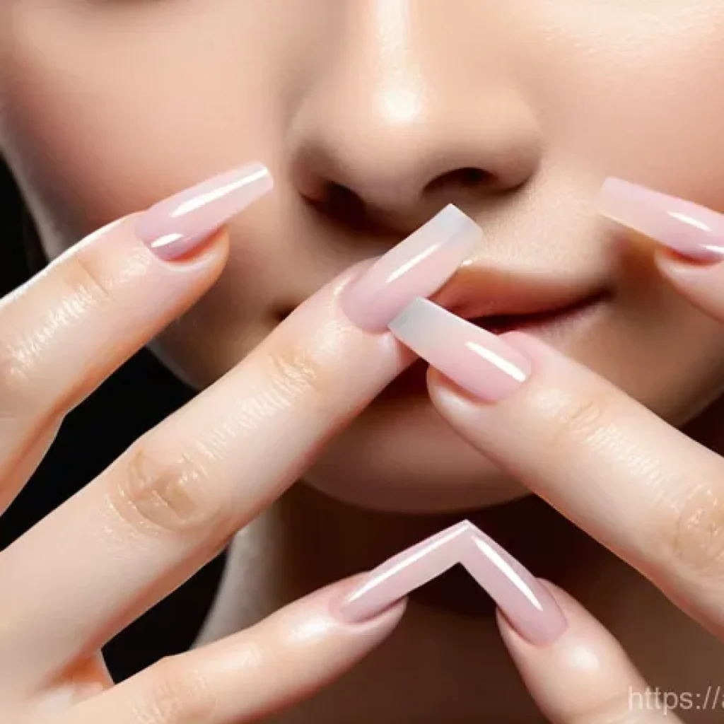 손톱 강화용 베이스코트 추천 - **Prompt:** A close-up, elegant shot of a woman's hands delicately applying a clear, glossy nail str...