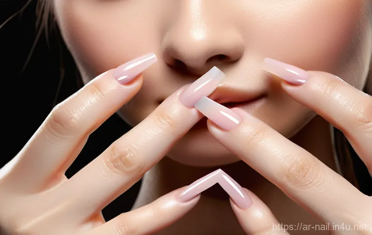손톱 강화용 베이스코트 추천 - **Prompt:** A close-up, elegant shot of a woman's hands delicately applying a clear, glossy nail str...