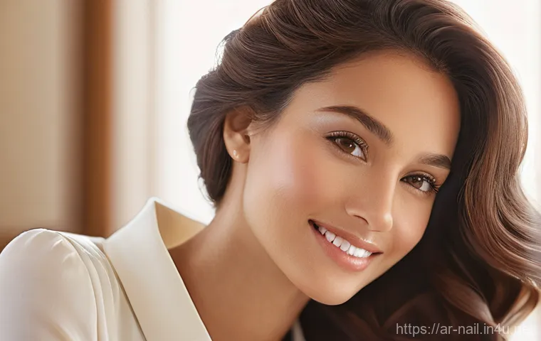 손톱 모양별 네일 디자인 추천 - **Prompt:** "A close-up, highly detailed portrait of a graceful woman in her late 20s, with a gentle...