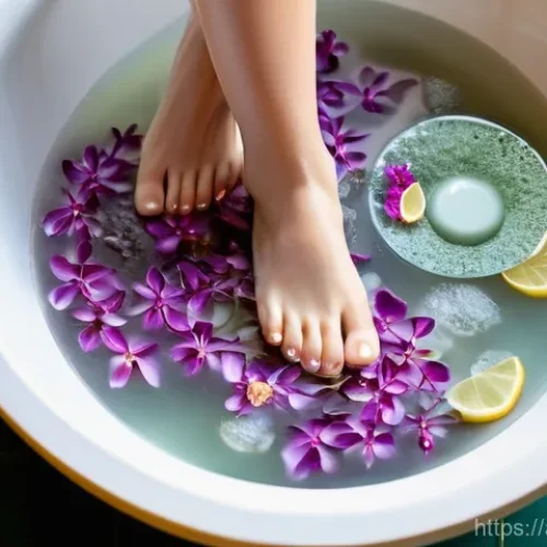 Home 25 집에서 쉽게 하는 페디큐어 팁 - **Prompt 1: Serene Home Spa Foot Soak**
A close-up shot of a person's feet gently submerged in a...