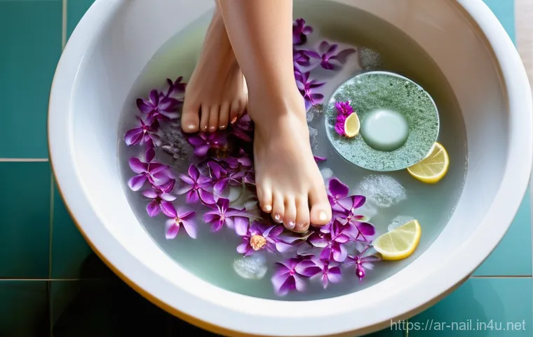 집에서 쉽게 하는 페디큐어 팁 - **Prompt 1: Serene Home Spa Foot Soak**
A close-up shot of a person's feet gently submerged in a...