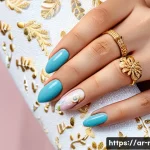 Home 12 다양한 네일 데칼 사용법 - **Prompt 1: Elegant Everyday Nail Stickers**
"A close-up shot of a graceful Arab woman's hands, ...